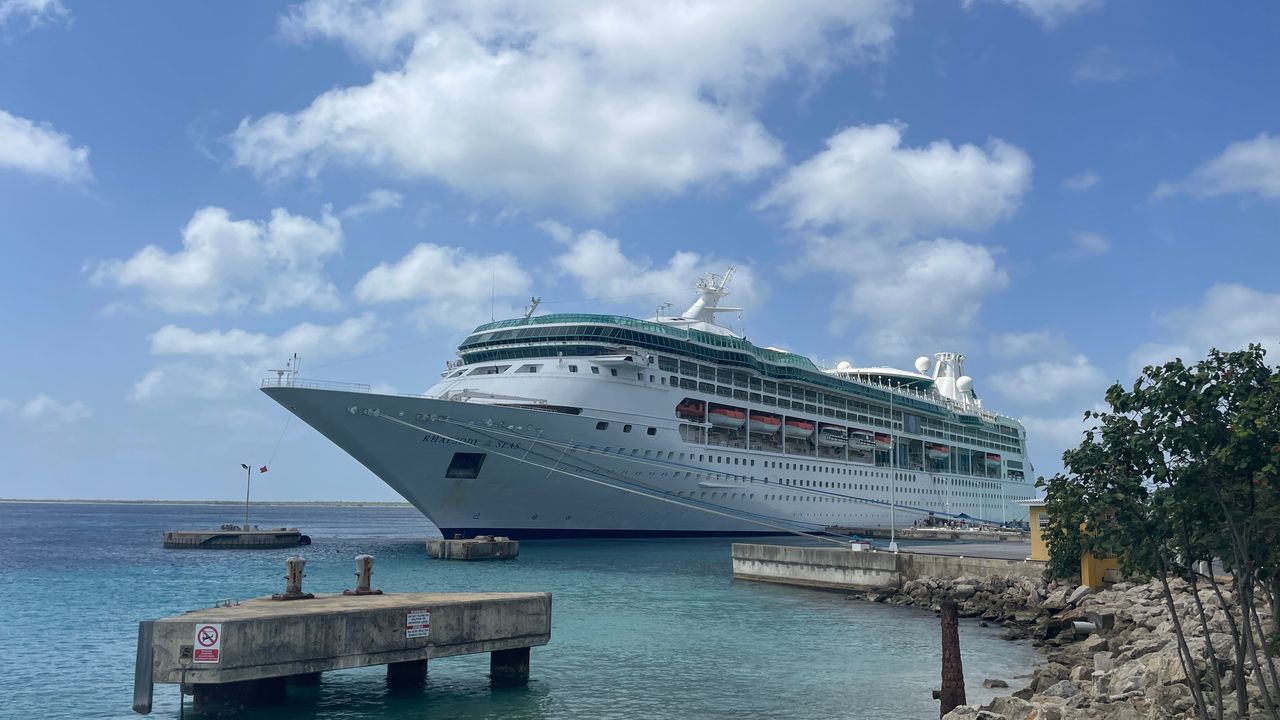 Crucero amarrado a un muelle en un puerto tropical de agua clara bajo un cielo azul