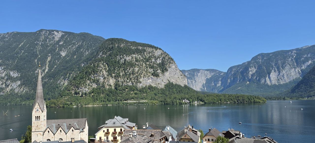 Scenic panorama of Hallstatt village and Hallstätter See in Austria