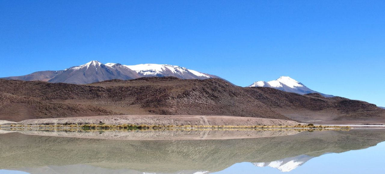 Quiet Bolivian landscape with snowy mountains reflecting in a tranquil lake
