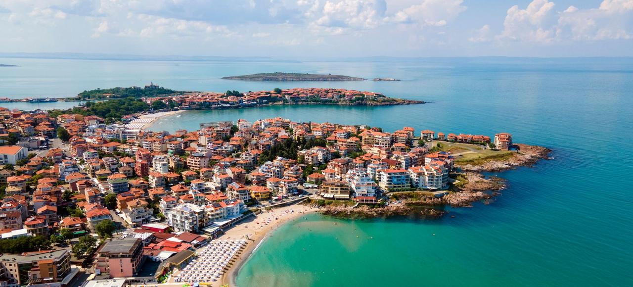 Bulgaria: A scenic aerial view of the beautiful Sozopol coastline showcasing its beaches and architecture