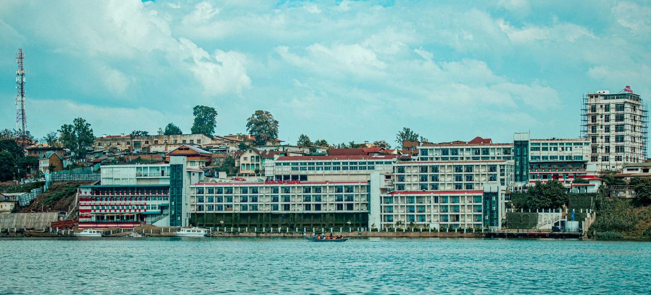 Urban landscape of Bukavu, South Kivu, Democratic Republic of Congo, featuring waterfront buildings and Lake Kivu