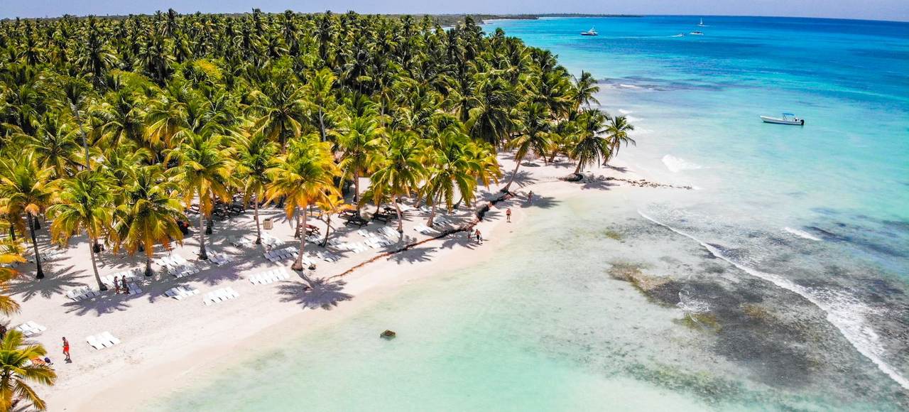 Dominican Republic: Stunning aerial view of a tropical beach with palm trees and turquoise waters, perfect for a relaxing vacation