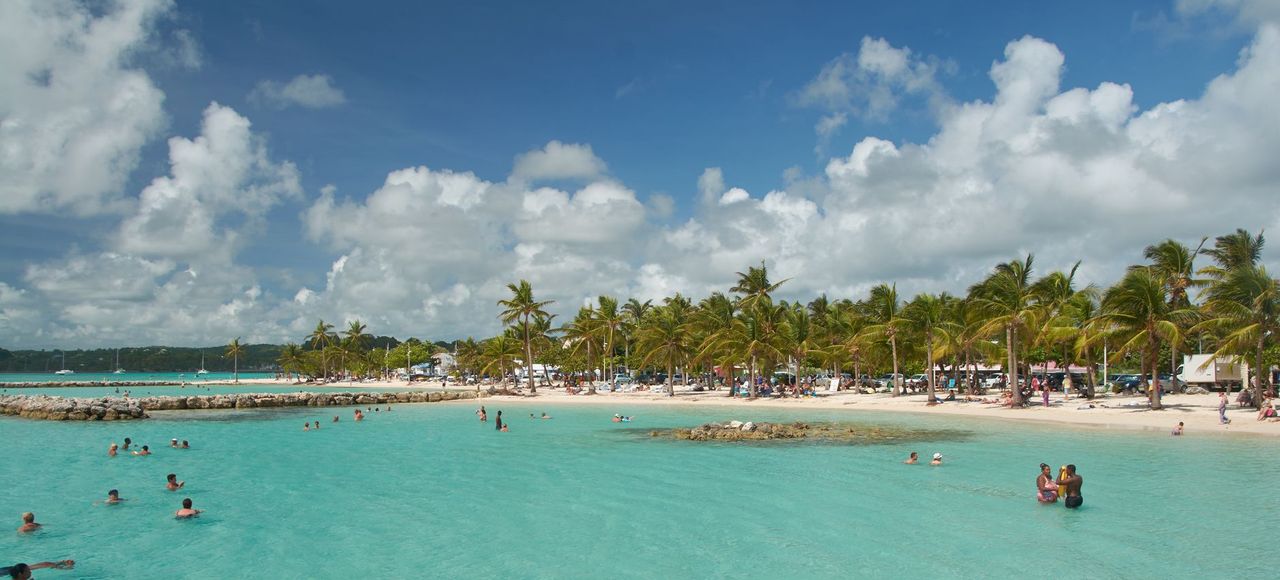 Guadeloupe: Idyllic tropical beach with palm trees and turquoise waters in Sainte-Anne, ideal for vacation and leisure activities