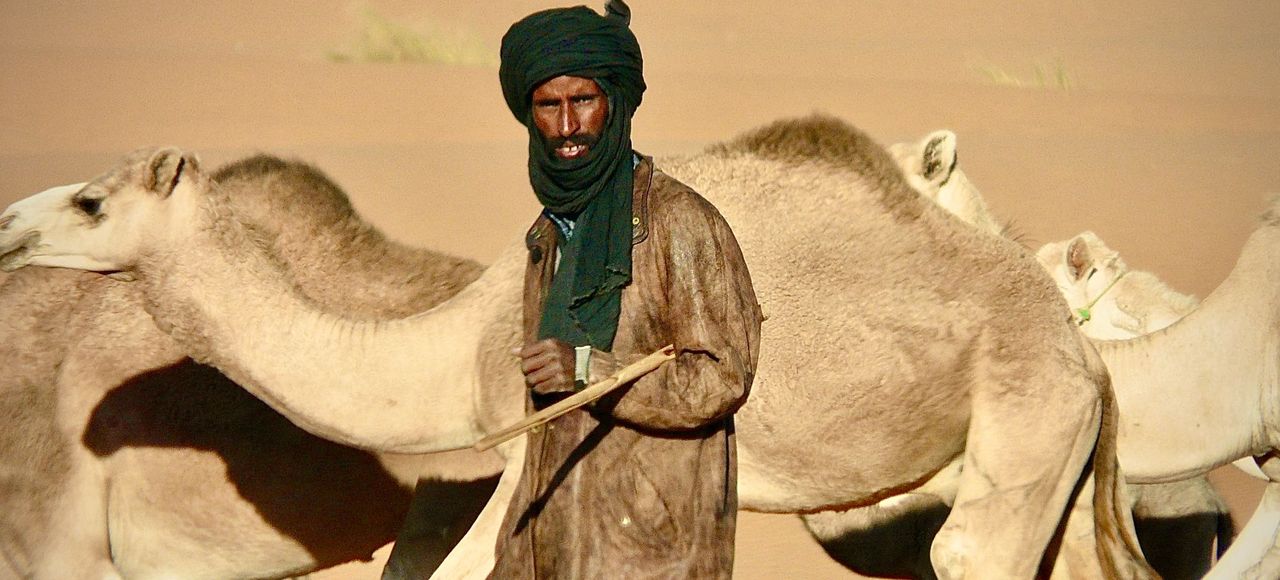 A Tuareg man in traditional attire leads a camel caravan across the Mauritanian desert under the bright sun